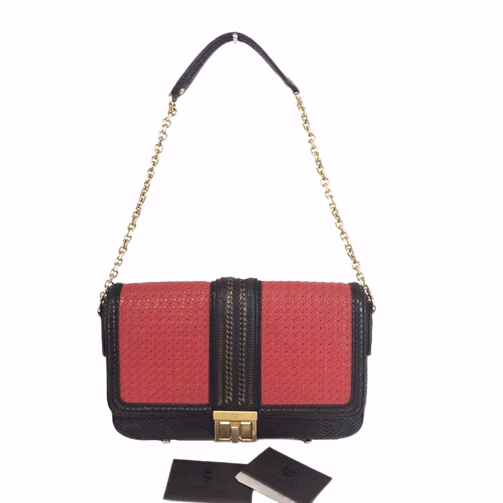 MCM Red Black Embossed Snakeskin Leather Shoulder Bag Turn Lock Chain Strap
